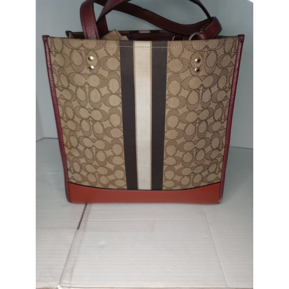 Coach Signature Stripe Canvas & Leather Tote Bag With Yellow Logo Accent - Picture 6 of 10